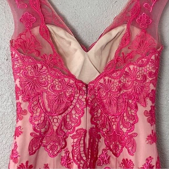 JVN by Jovani Bonny Dress Pink Crochet Lace Beige Sheer Cocktail Mini - Picture 6 of 13